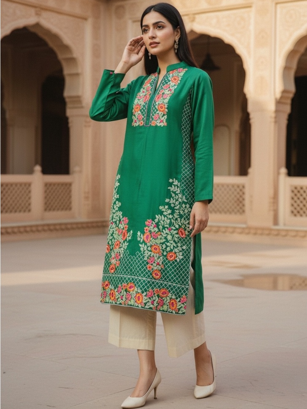 Green Embroidered Floral Kurta